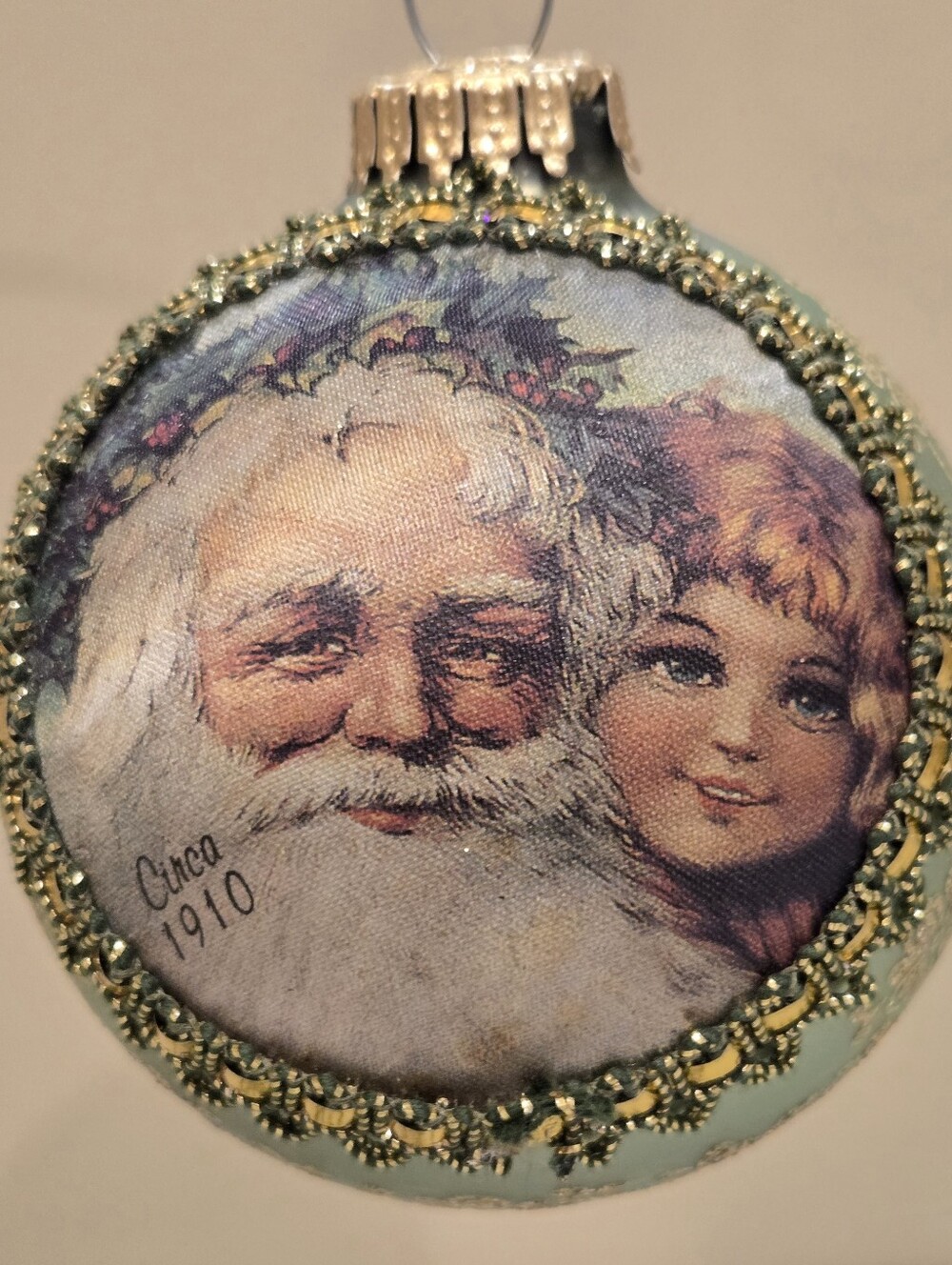 Vintage Chrismas By Krebs Santas On Silk Santa With Child Silver & Gold Ornament